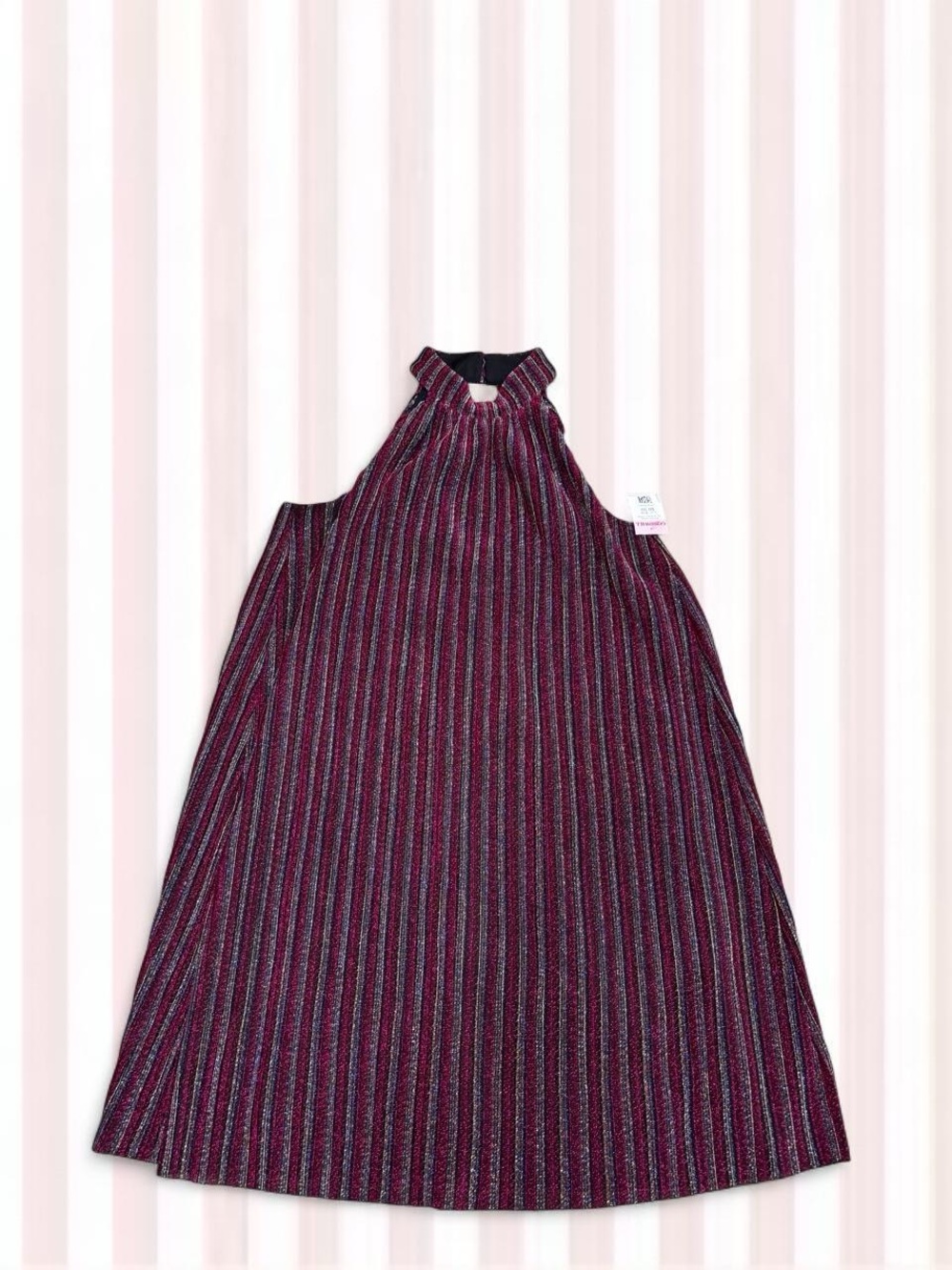 ECI Girls Burgundy and Black Metallic Striped Halter Dress